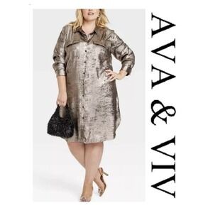 Ava & Viv Champagne Metallic High Low Long Sleeve Button Down Shirt Dress XXL